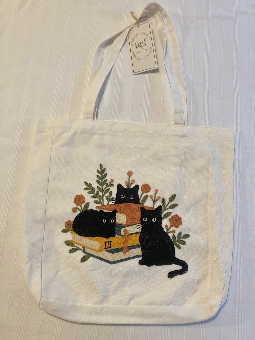 Coral Ridge Designs Black Cats & Books Embroidered Canvas Tote Bag NWT